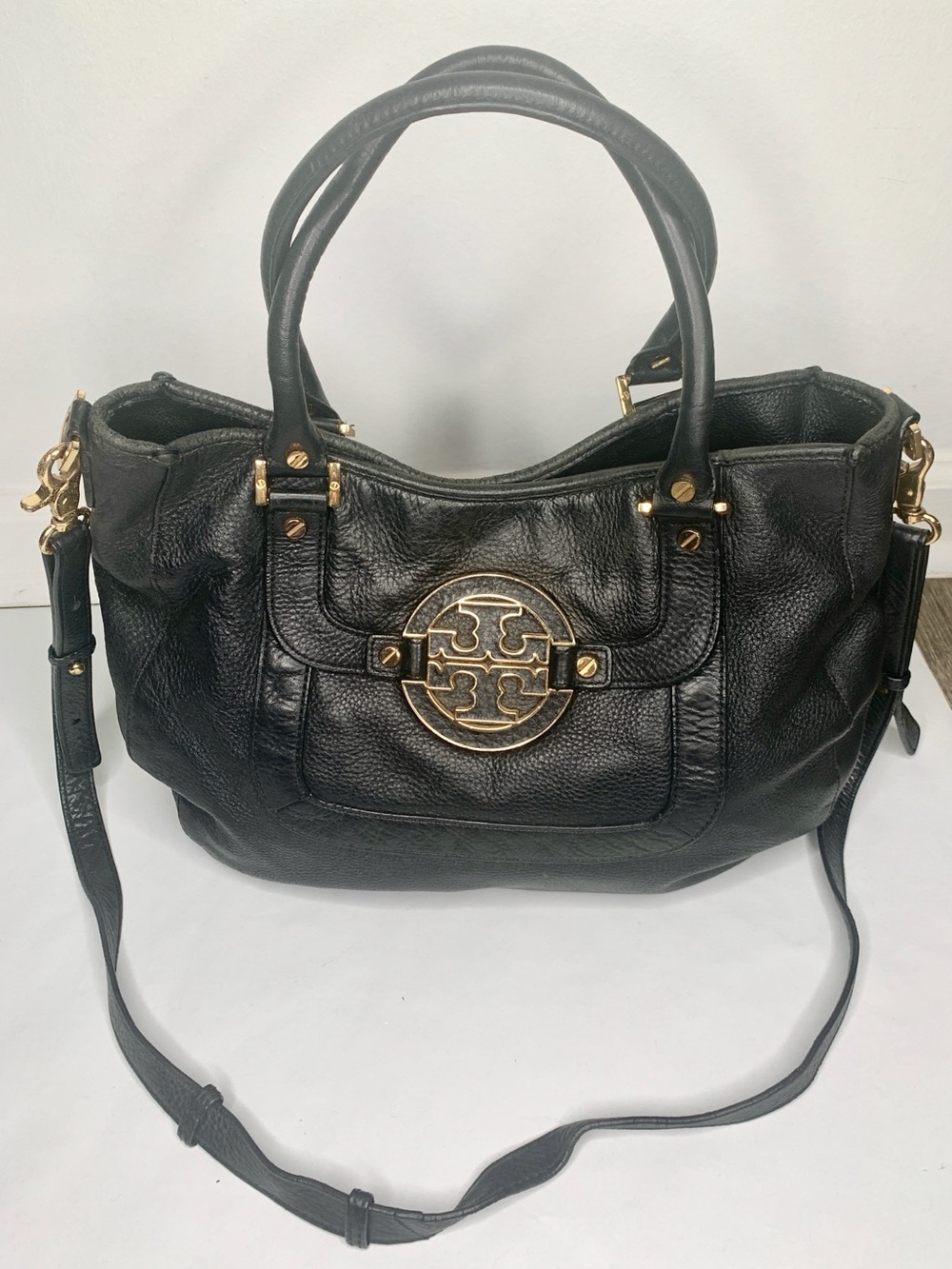 Tory Burch Black Pebble Leather Hobo with Gold Logo